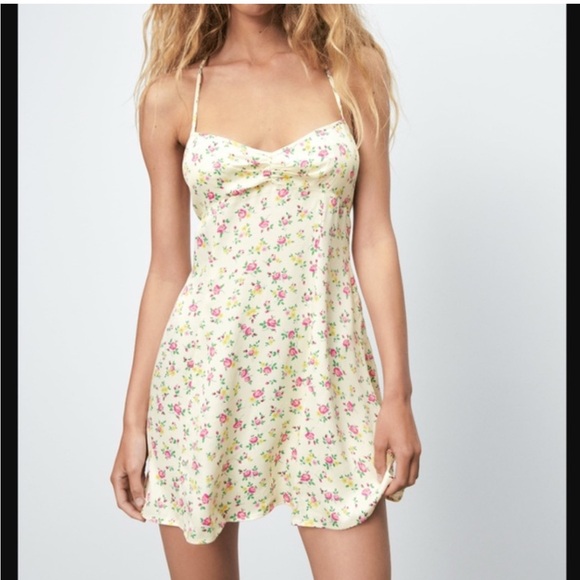 Zara Dresses & Skirts - ZARA Floral Slip Dress Cream Pink Yellow Roses | Ruched Bust Midi Dress | M